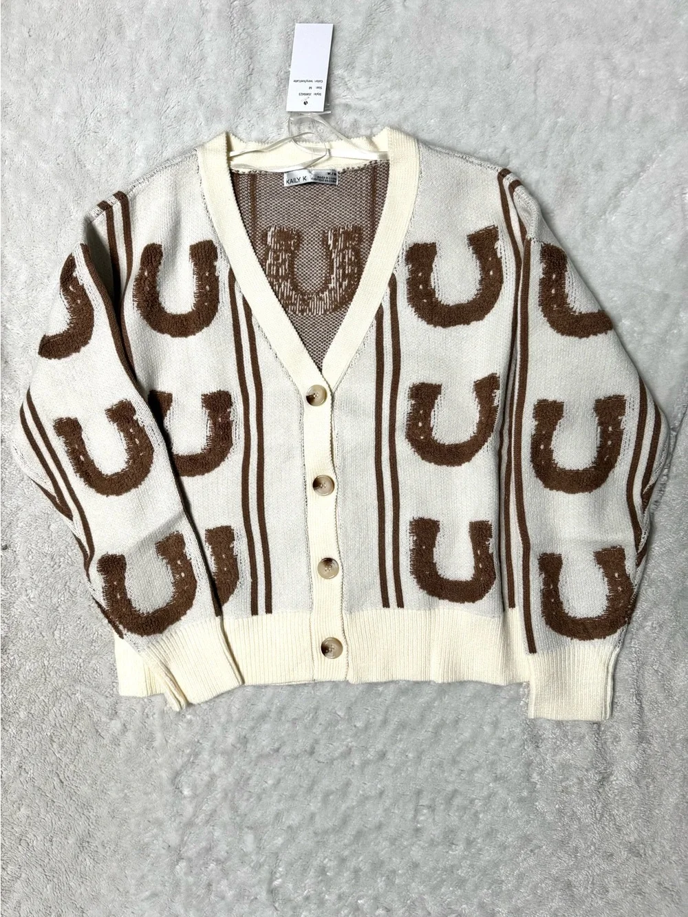 KAILY K Horseshoe Cream Button-Front V-Neck Cardigan Sweater